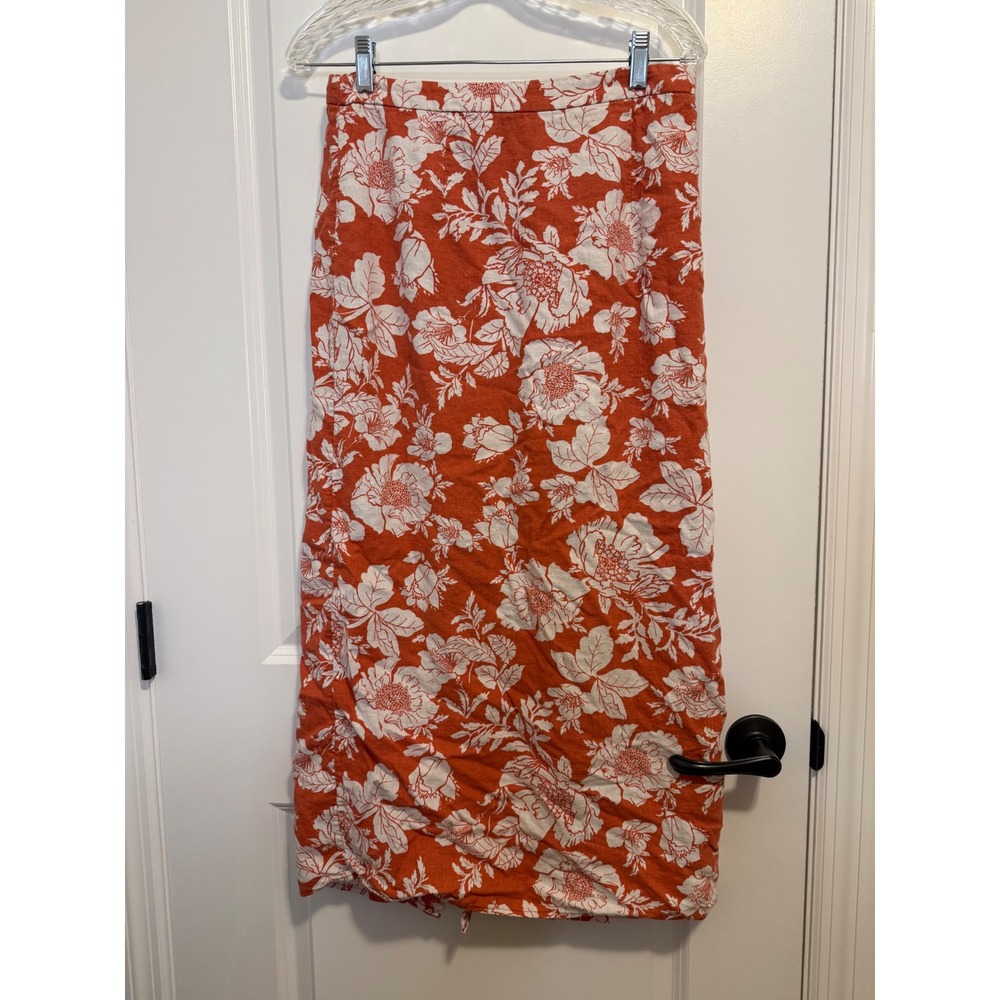 Old Navy Midi Skirt Womens M Orange Excellent Floral Linen Blend Boho Summer
